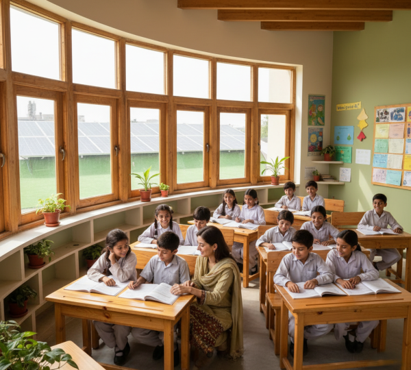 A classroom in Pakistan featuring young students and a teacher engaged in learning, highlighting why women education is important in eco-friendly school environments with natural light and educational materials.