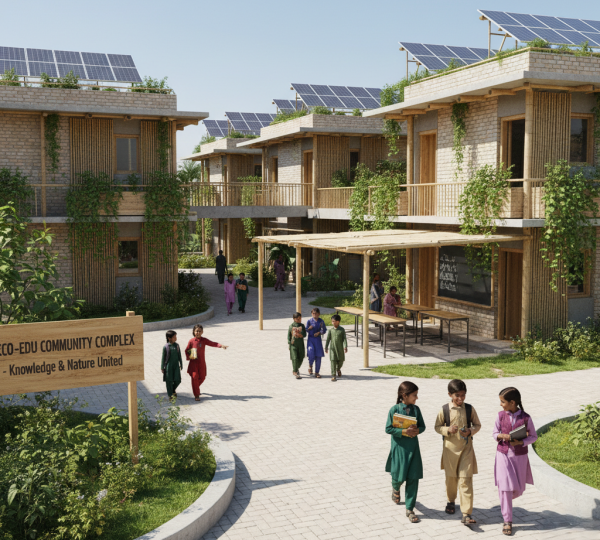 Girls and boys walk together in the courtyard of a sustainable eco-edu community complex, showcasing why women education is important in modern, nature-integrated learning environments in Pakistan.