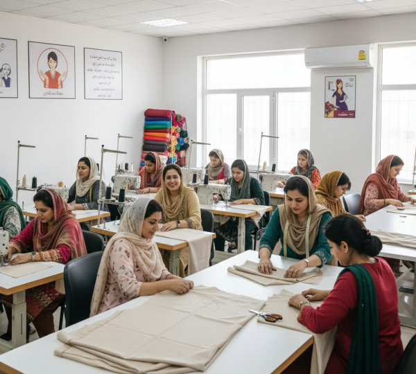 Women in traditional attire participate in a vocational training class in Pakistan, learning sewing and textile skills in a well-lit, organized classroom equipped with sewing machines and fabric, emphasizing the importance of women's education for economic empowerment.
